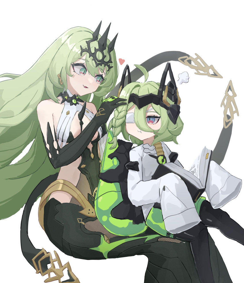 2girls, :d, absurdres, antenna_hair, aoaoaoao_(baiyanheibing), bangs, bare_shoulders, black_legwear, braid, character_request, claws, closed_mouth, coat, crown, dress, elbow_gloves, eyepatch, fang, gloves, green_dress, green_eyes, green_hair, green_shorts, hair_between_eyes, hair_ornament, heart, highres, honkai_(series), honkai_impact_3rd, invisible_chair, long_hair, long_sleeves, mobius_(honkai_impact), multiple_girls, open_mouth, pout, short_hair, shorts, simple_background, sitting, sleeveless, sleeveless_dress, smile, thigh-highs, white_background, white_coat