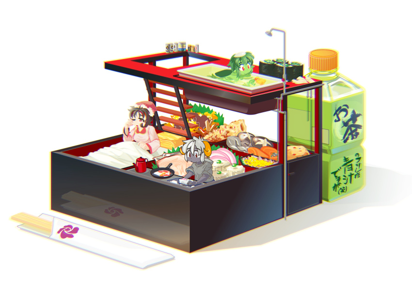 1boy, 2girls, amoretta_(yukiman), bangs, bathtub, bed, beer_can, bento
