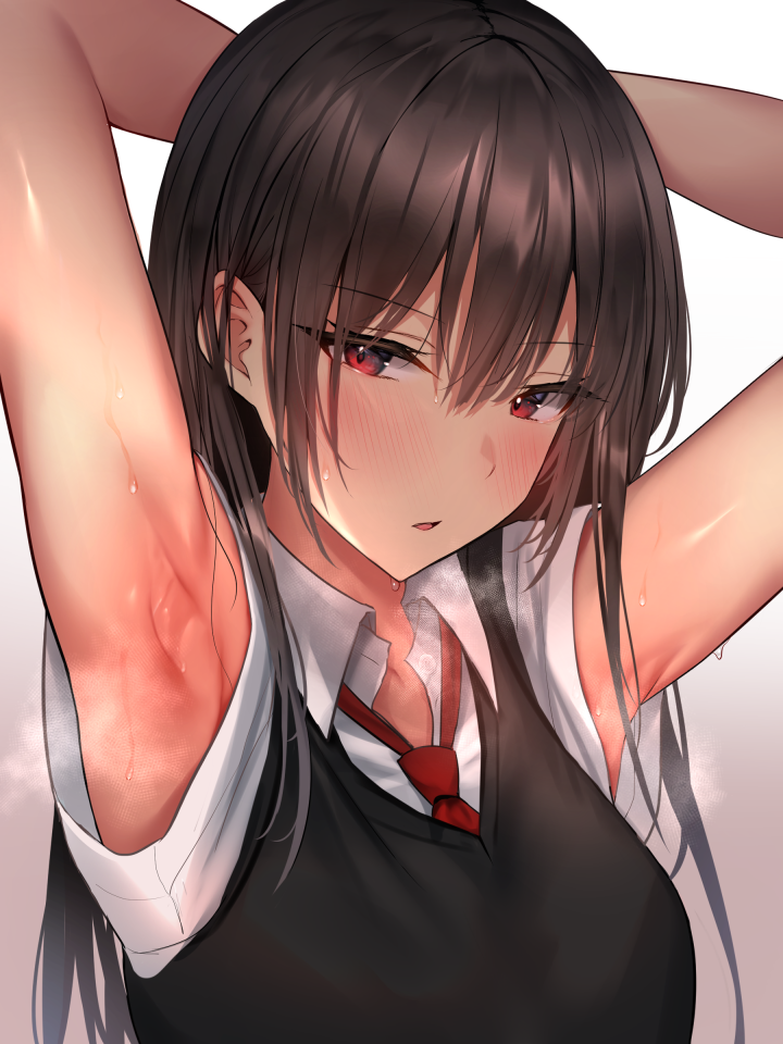 1girl, armpits, arms_up, bangs, black_hair, black_vest, blush, collared_shirt
