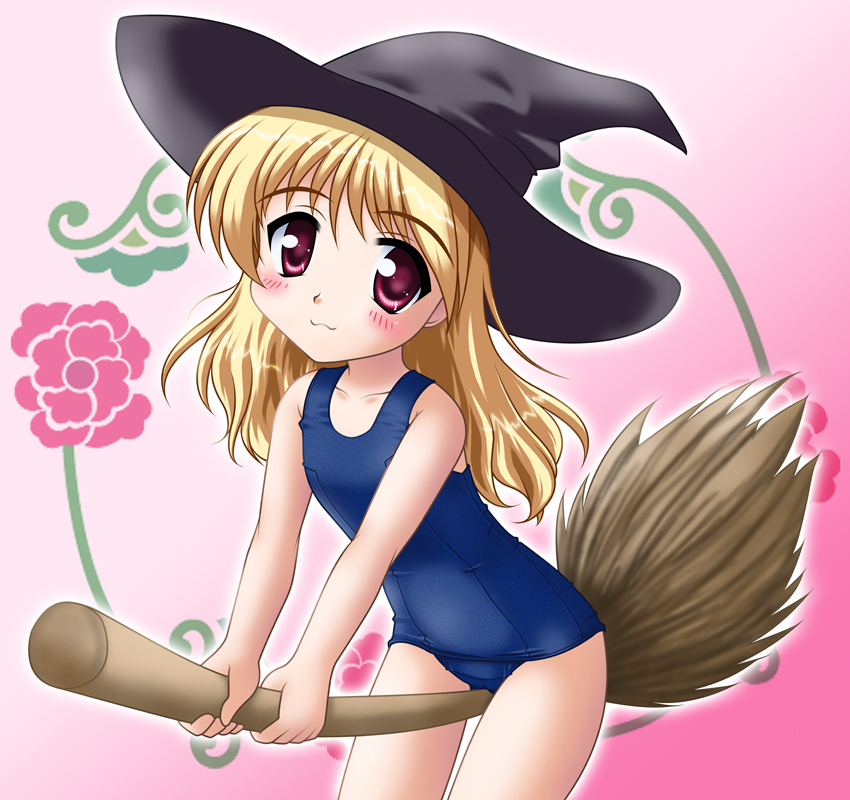 blonde_hair, blush, broom, broom_riding, hat, lapis_mercurius_freya, neopure, one-piece_swimsuit