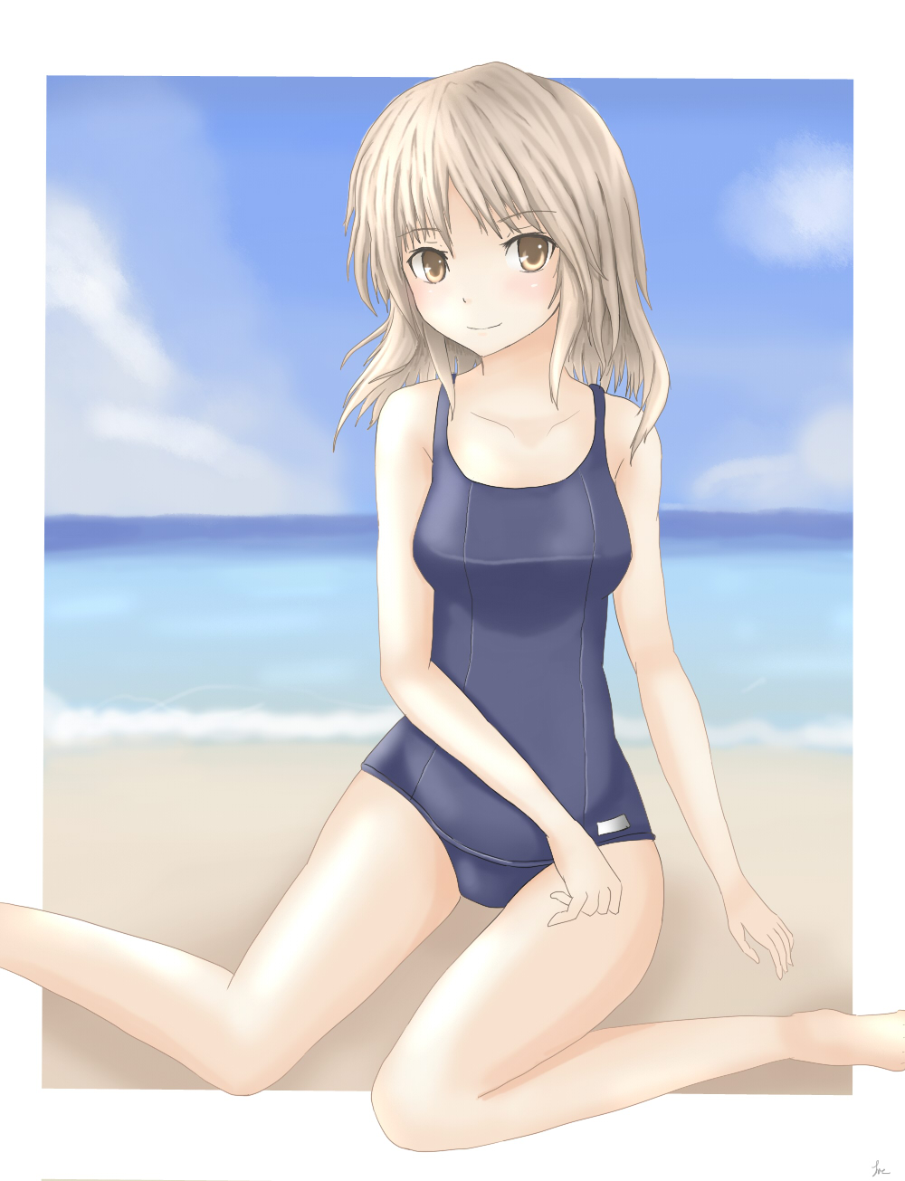bad_id, beach, blonde_hair, brown_eyes, fiction_(artist), highres, one-piece_swimsuit, original, school_swimsuit, solo, swimsuit