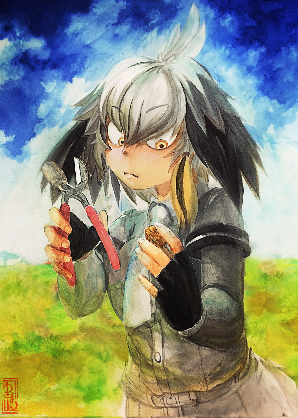 1girl, bangs, bird_wings, black_gloves, blonde_hair, blue_sky, closed_mouth, clouds