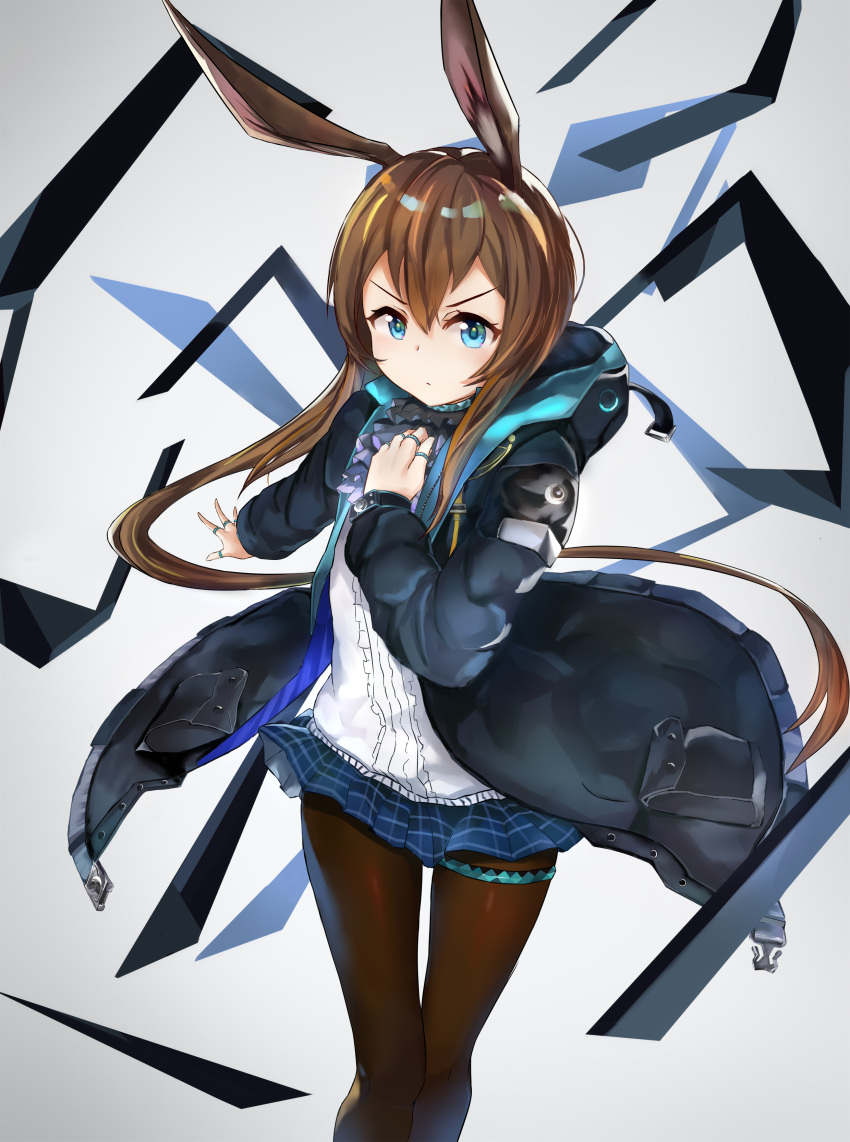 1girl, absurdres, amiya_(arknights), animal_ears, arknights, ascot, black_jacket, blue_eyes
