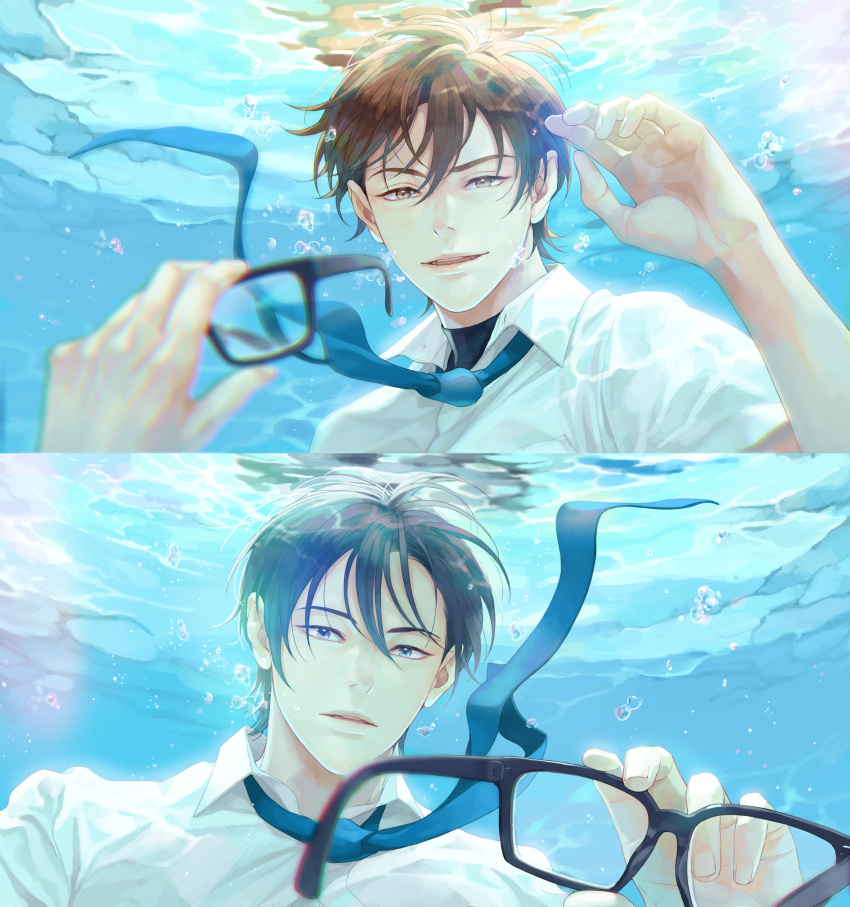 2boys, ace_of_diamond, air_bubble, black_hair, blue_eyes, brown_eyes, brown_hair, bubble