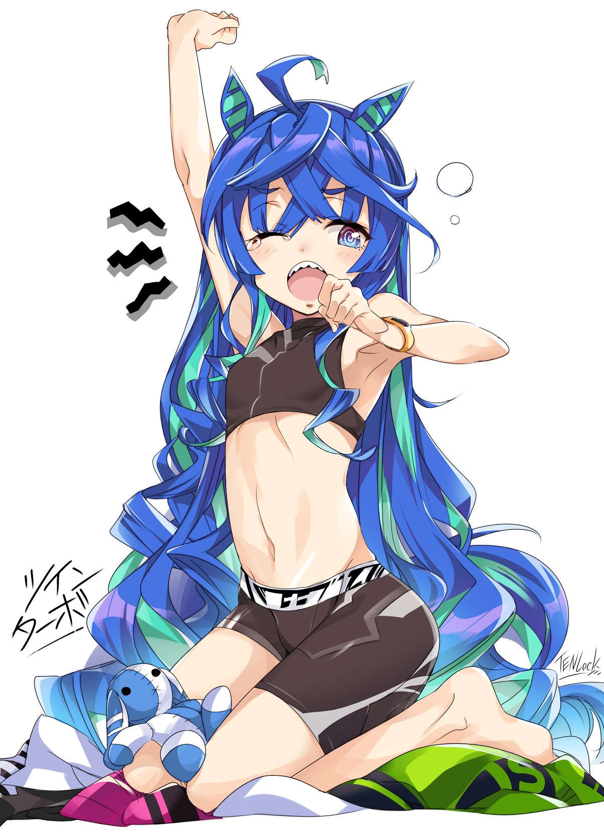 animal_ears, arm_up, armpits, bike_shorts, blue_hair, breasts, commentary, highres, horse_ears, horse_girl, horse_tail, kugimiya_atsuki, long_hair, looking_at_viewer, navel, one_eye_closed, simple_background, small_breasts, sports_bra, tail, tears, teeth, twin_turbo_(umamusume), umamusume, waking_up, white_background