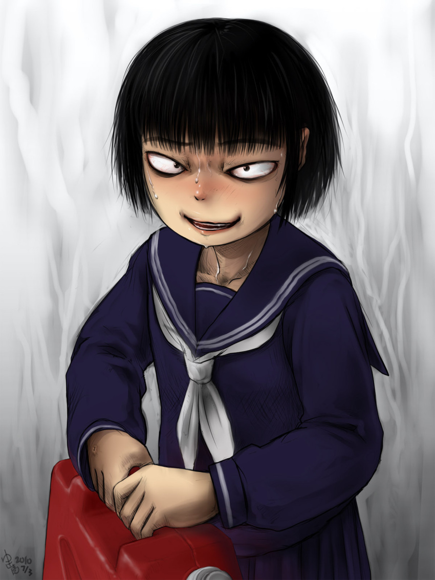 1girl, bangs, black_eyes, black_hair, commentary_request, cowboy_shot, dated, gas_can