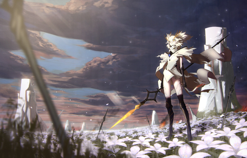 1girl, absurdres, alchemy_stars, antlers, burning, clouds, cloudy_sky, colored_skin
