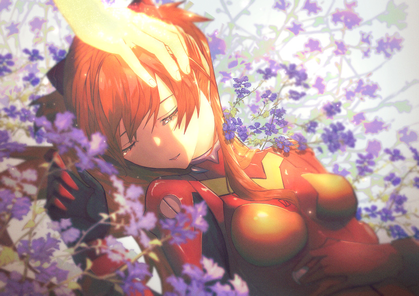 1girl, absurdres, bangs, breasts, closed_eyes, commentary, flower, flower_request