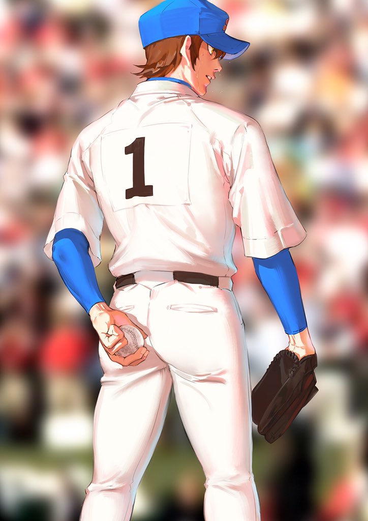 1boy, ace_of_diamond, back, ball, baseball_cap, baseball_jersey, baseball_mitt, baseball_uniform, belt, blurry, blurry_background, brown_eyes, brown_hair, day, hat, holding, holding_ball, male_focus, outdoors, pants, poru_bm, sawamura_eijun, short_hair, solo, sportswear, sweat, sweatdrop, teeth, white_pants