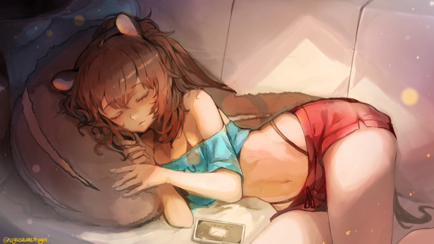 1girl, animal_ears, bare_shoulders, blue_shirt, bra_strap, brown_hair, cellphone, closed_eyes