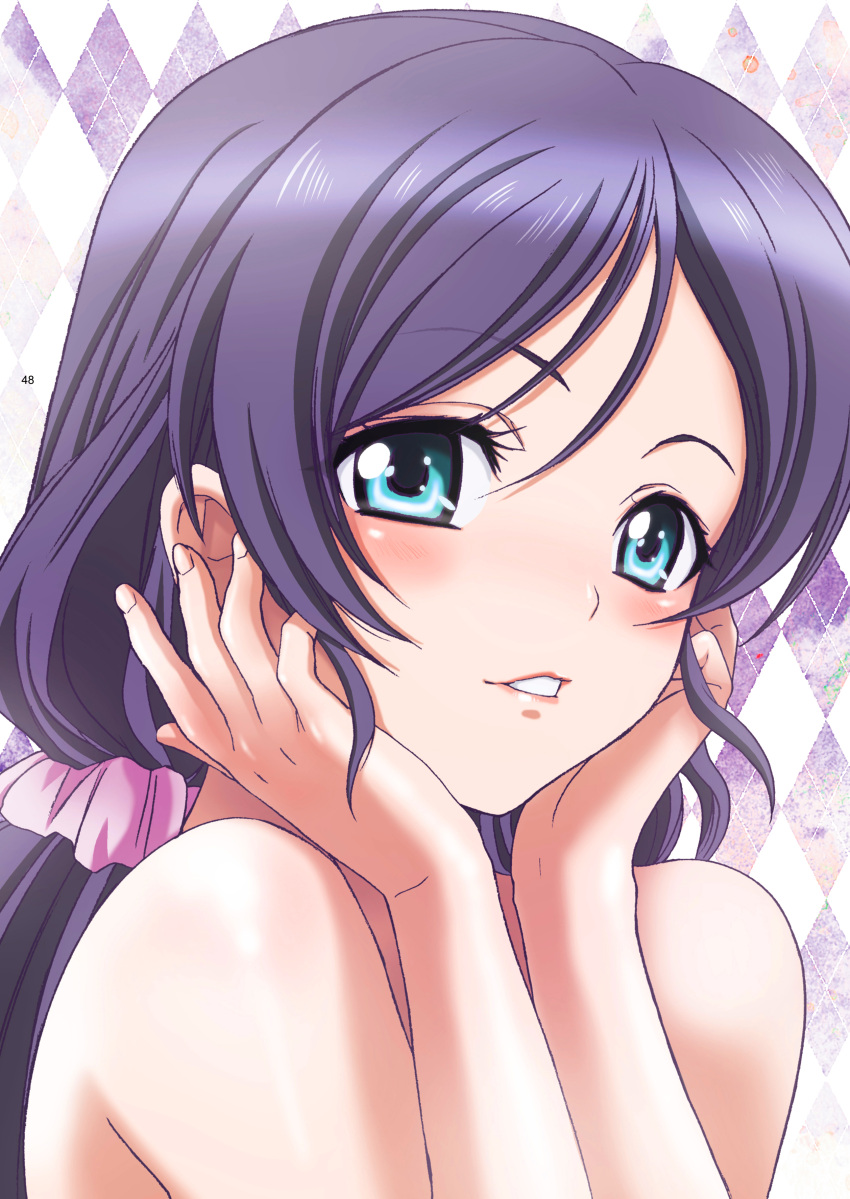 1girl, absurdres, argyle, argyle_background, blue_eyes, eyebrows_visible_through_hair, hair_between_eyes, hair_ornament