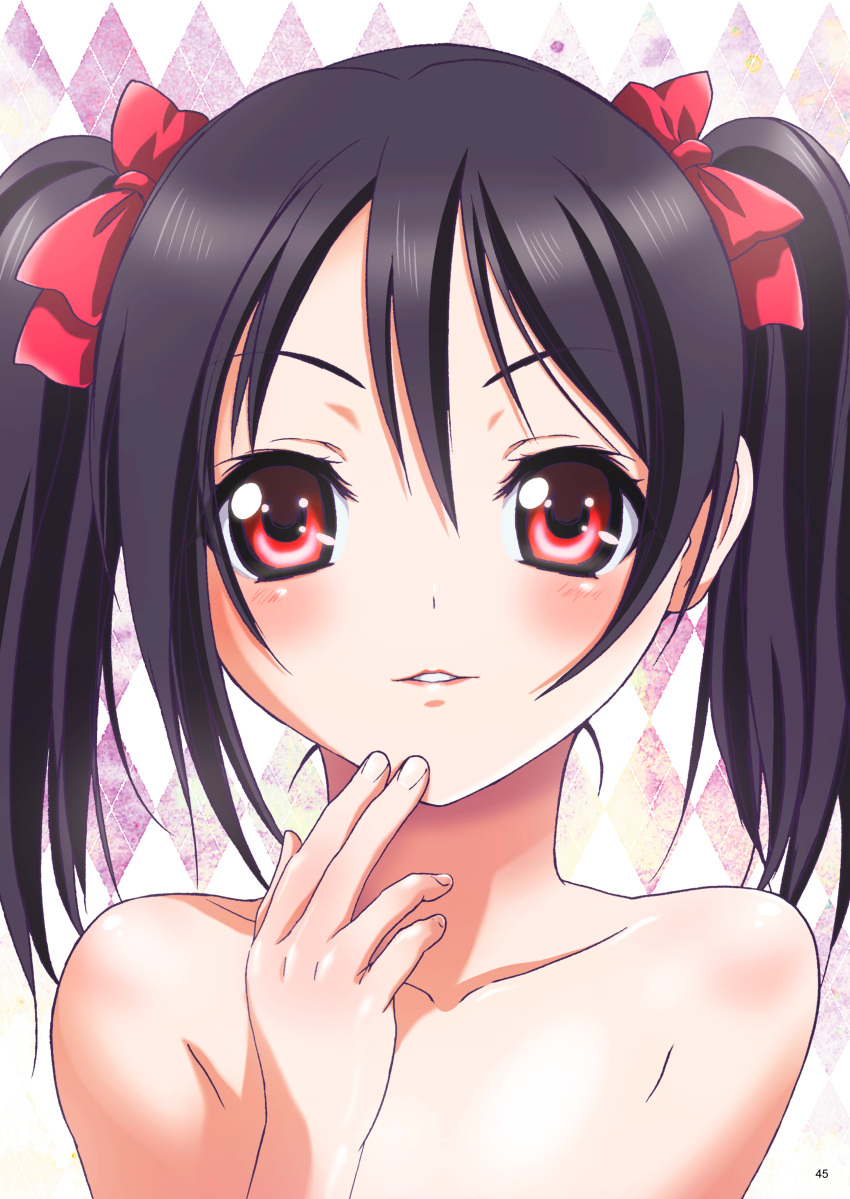 1girl, absurdres, argyle, argyle_background, bangs, black_hair, bow, collarbone
