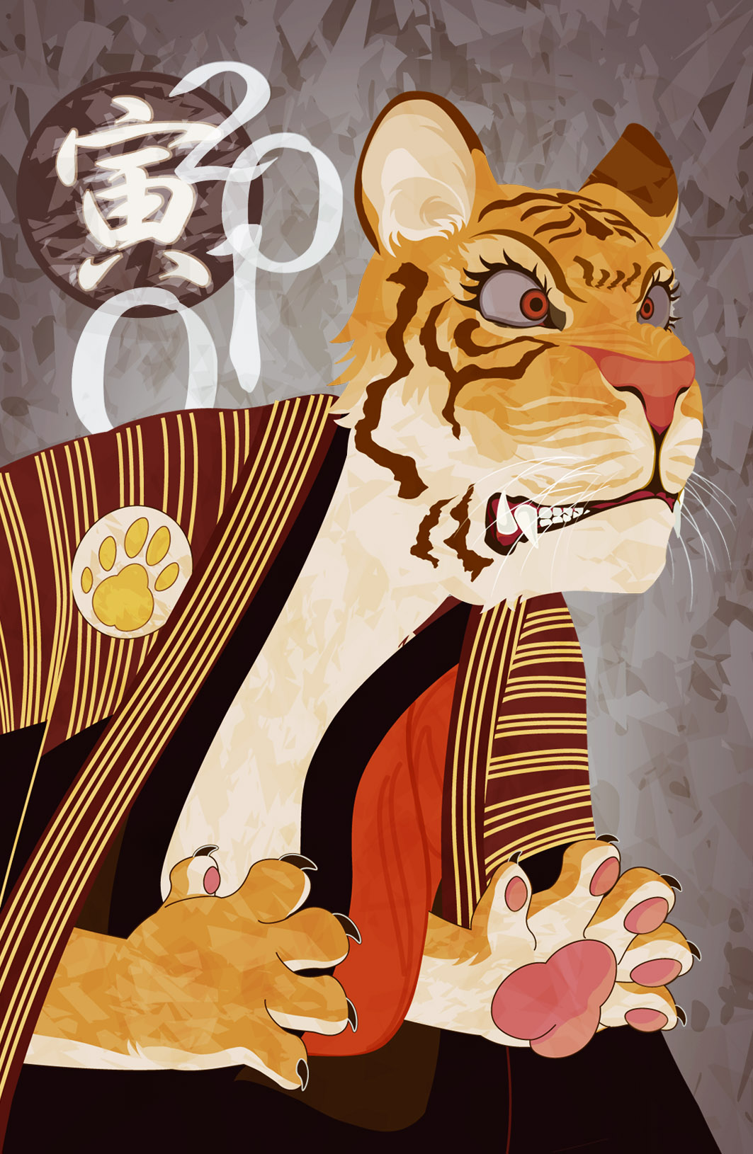 2010, brown_kimono, chinese_zodiac, clenched_teeth, commentary_request, feet_out_of_frame, fine_art_parody, grey_background, highres, japanese_clothes, kimono, nihonga, no_humans, otani_oniji_iii_as_yakko_edobei, parody, paw_print, teeth, tiger, ukiyo-e, year_of_the_tiger, yukiman