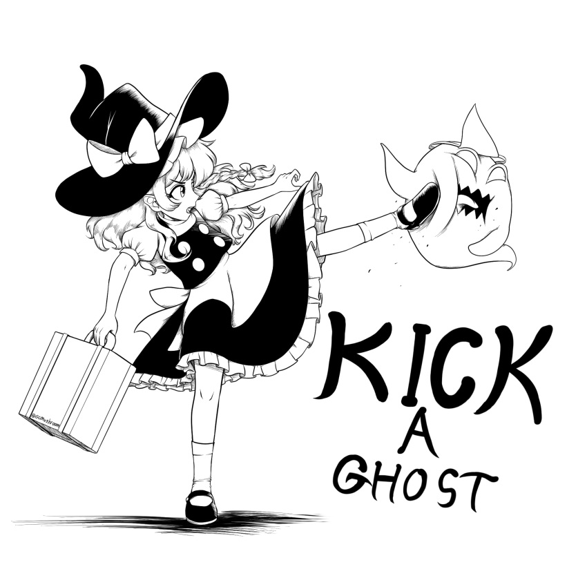2girls, apron, bangs, boo_(mario), bow, braid, english_commentary, english_text, eyebrows_visible_through_hair, giantcavemushroom, greyscale, hair_bow, hat, hat_bow, highres, holding_luggage, kicking, kirisame_marisa, long_sleeves, looking_at_another, monochrome, multiple_girls, nintendo, open_mouth, puffy_short_sleeves, puffy_sleeves, saigyouji_yuyuko, shoes, short_sleeves, side_braid, simple_background, single_braid, socks, standing, standing_on_one_leg, touhou, triangular_headpiece, waist_apron, witch_hat