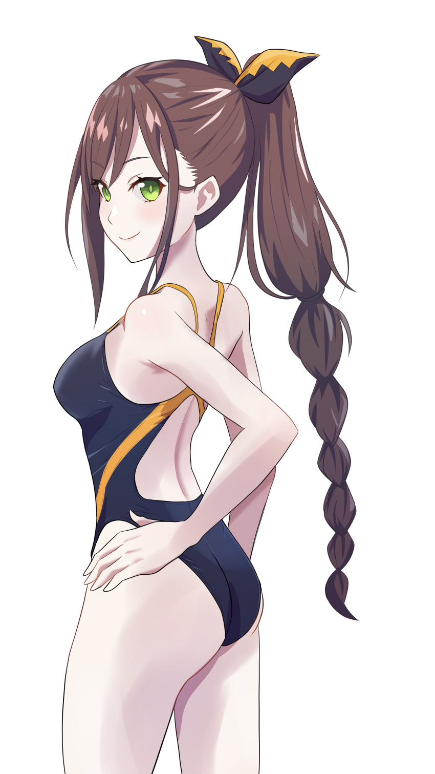 1girl, absurdres, ass, brown_hair, camui1104, competition_swimsuit, green_eyes, hand_on_hip