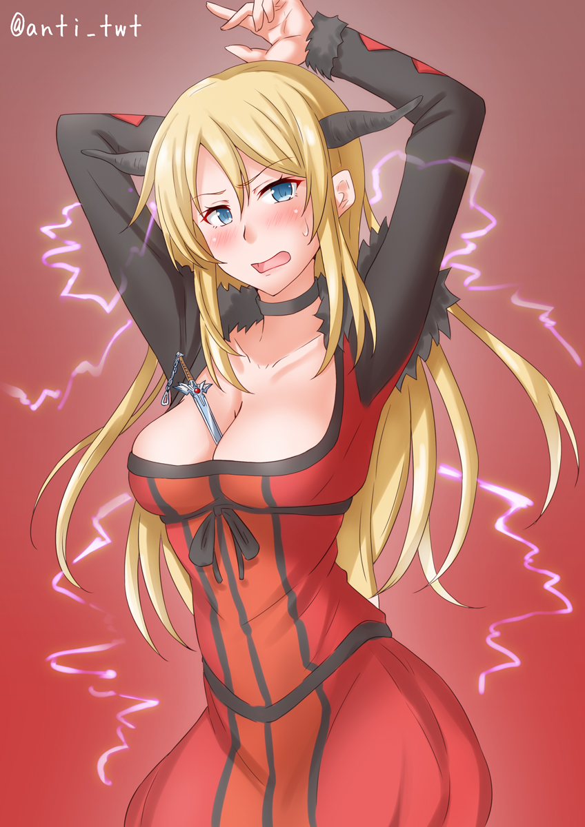1girl, anti_(untea9), arms_up, blonde_hair, blue_eyes, breasts, choker, cosplay