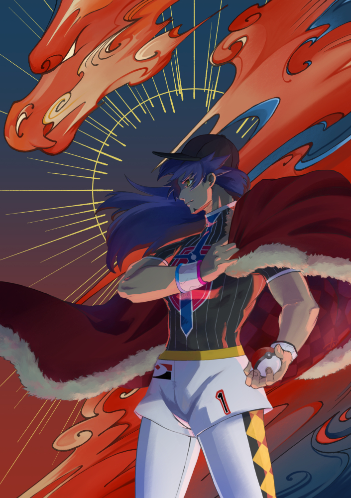1boy, baseball_cap, cape, champion_uniform, charizard, closed_mouth, commentary_request, dark-skinned_male, dark_skin, dynamax_band, facial_hair, from_side, fur-trimmed_cape, fur_trim, gen_1_pokemon, gigantamax, gigantamax_charizard, hat, holding, holding_cape, holding_poke_ball, leggings, leon_(pokemon), long_hair, m_t_m, male_focus, poke_ball, poke_ball_(basic), pokemon, pokemon_(creature), pokemon_(game), pokemon_swsh, purple_hair, red_cape, shield_print, shirt, short_shorts, short_sleeves, shorts, sword_print, white_legwear, white_shorts