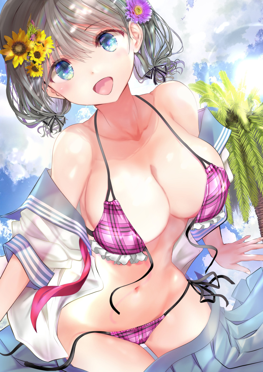 1girl, absurdres, bangs, bikini, bikini_under_clothes, black_ribbon, blue_eyes, blue_skirt