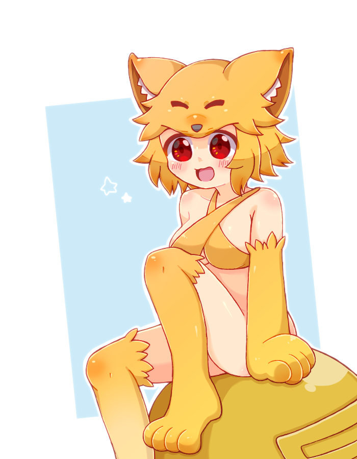 1girl, animal_feet, animal_hands, bangs, bell, blonde_hair, blue_background, blush, bottomless, breasts, ebimaki_bot, foot_out_of_frame, fox_hat, halter_top, halterneck, medium_breasts, moonlight_flower, open_mouth, ragnarok_online, red_eyes, shiny, shiny_skin, short_hair, simple_background, smile, solo, star_(symbol), two-tone_background, white_background