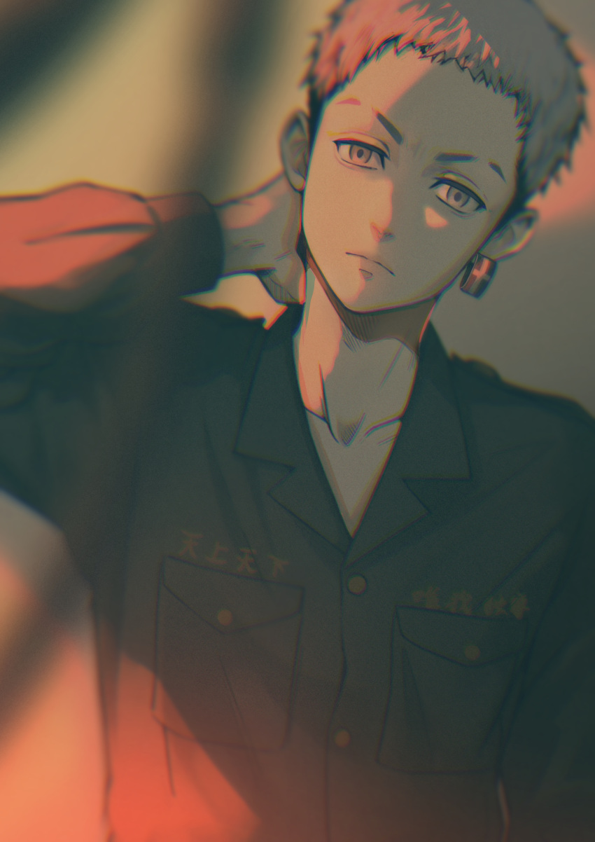 1boy, absurdres, arm_behind_head, arm_up, black_hair, black_jacket, closed_mouth, collarbone