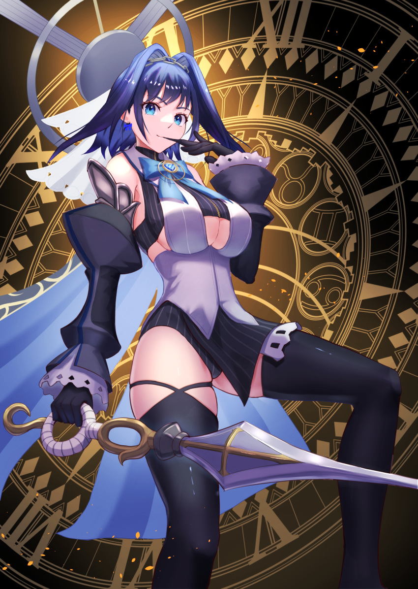 1girl, asymmetrical_legwear, bangs, biting, black_gloves, black_legwear, blue_eyes, blue_hair