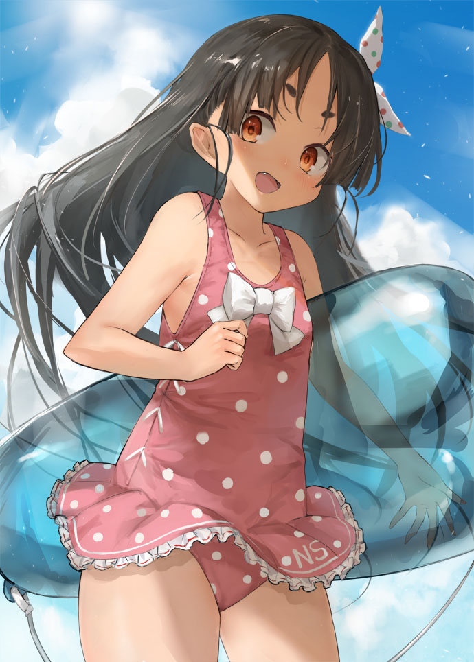 1girl, bare_arms, bare_legs, bare_shoulders, black_hair, blush, brown_eyes, cowboy_shot