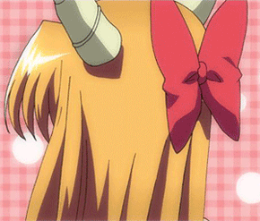 animated, animated_gif, bow, fangs, gif, grin, happy, horns, ibuki_suika, lowres, mukai, orange_hair, red_eyes, smile, spinning, touhou