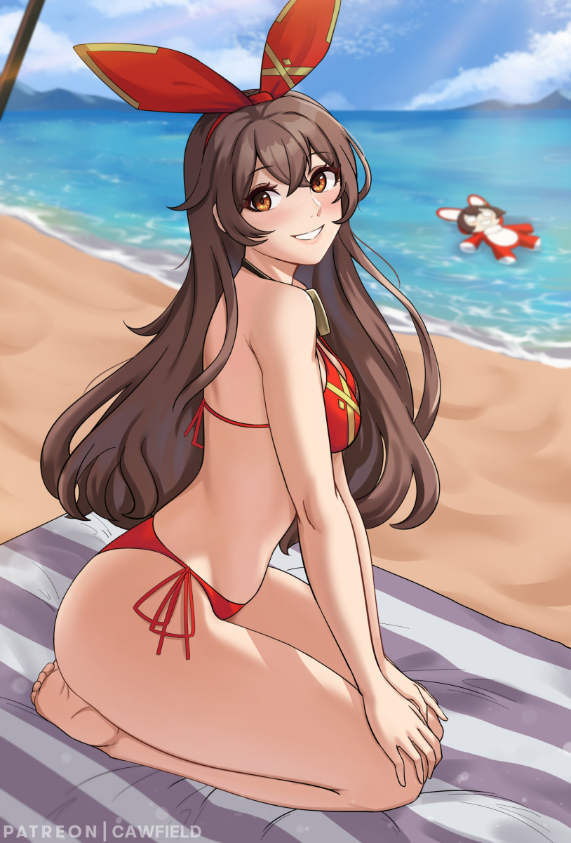 1girl, :d, amber_(genshin_impact), bare_arms, bare_shoulders, barefoot, baron_bunny_(genshin_impact), beach, bikini, blue_sky, blush, breasts, cawfield, commentary_request, cute, day, feet, genshin_impact, goggles, hair_ribbon, halterneck, highres, kneeling, long_hair, looking_at_viewer, mihoyo_technology_(shanghai)_co._ltd., ocean, open_mouth, outdoors, patreon_username, red_bikini, red_ribbon, revision, ribbon, side-tie_bikini, sky, smile, soles, solo, summer, swimsuit, toes, yellow_eyes