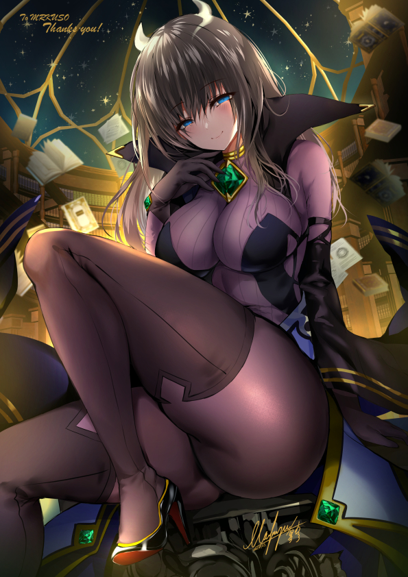 1girl, akasha_(dragalia_lost), akasha_(dragalia_lost)_(cosplay), bangs, black_gloves, black_hair, black_legwear, blush, bodysuit, breasts, commission, cosplay, dragalia_lost, emerald_(gemstone), eyebrows_visible_through_hair, gloves, high_heels, horns, idolmaster, idolmaster_cinderella_girls, idolmaster_cinderella_girls_starlight_stage, large_breasts, long_hair, looking_at_viewer, mafuyu_(kanden_shoujyo), sagisawa_fumika, sitting, smile, solo, thigh-highs