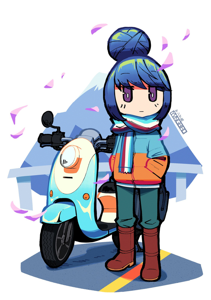 1girl, blue_hair, blue_jacket, cherry_blossoms, falling_leaves, full_body, green_pants, ground_vehicle