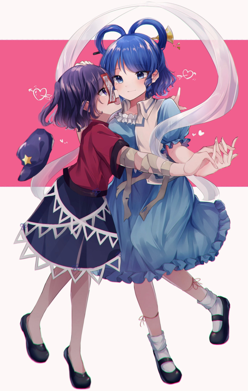 2girls, absurdres, arrow_through_heart, bandages, black_skirt, blue_dress, blue_eyes, blue_hair