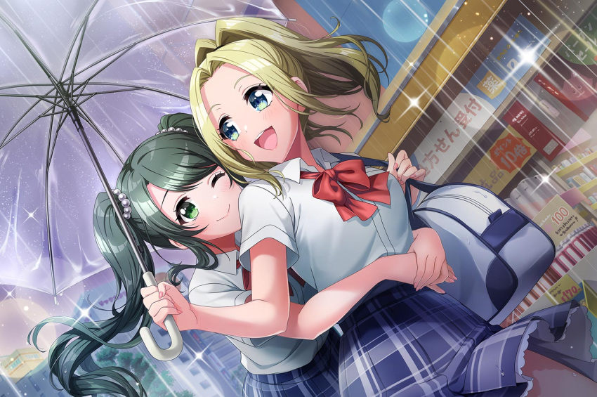 2girls, blonde_hair, blue_eyes, blush, d4dj, dress, hug, hug_from_behind