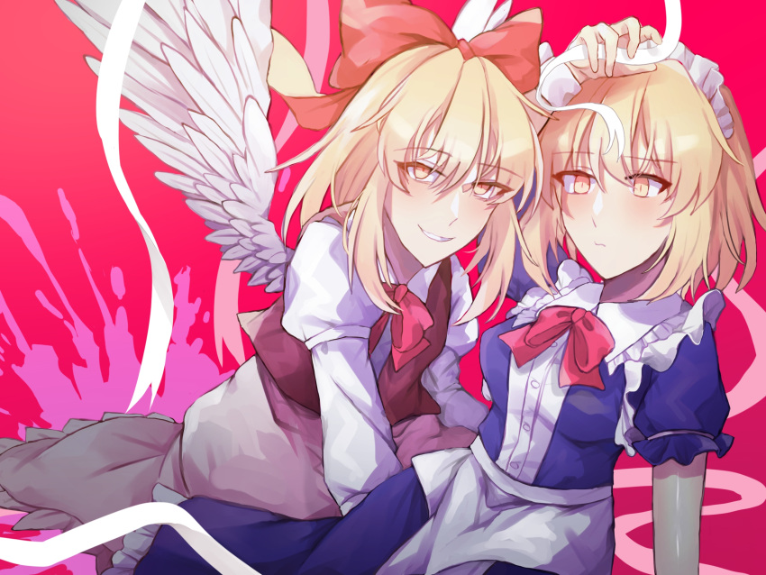 2girls, angel_wings, apron, blonde_hair, blush, breasts, buttons, dress