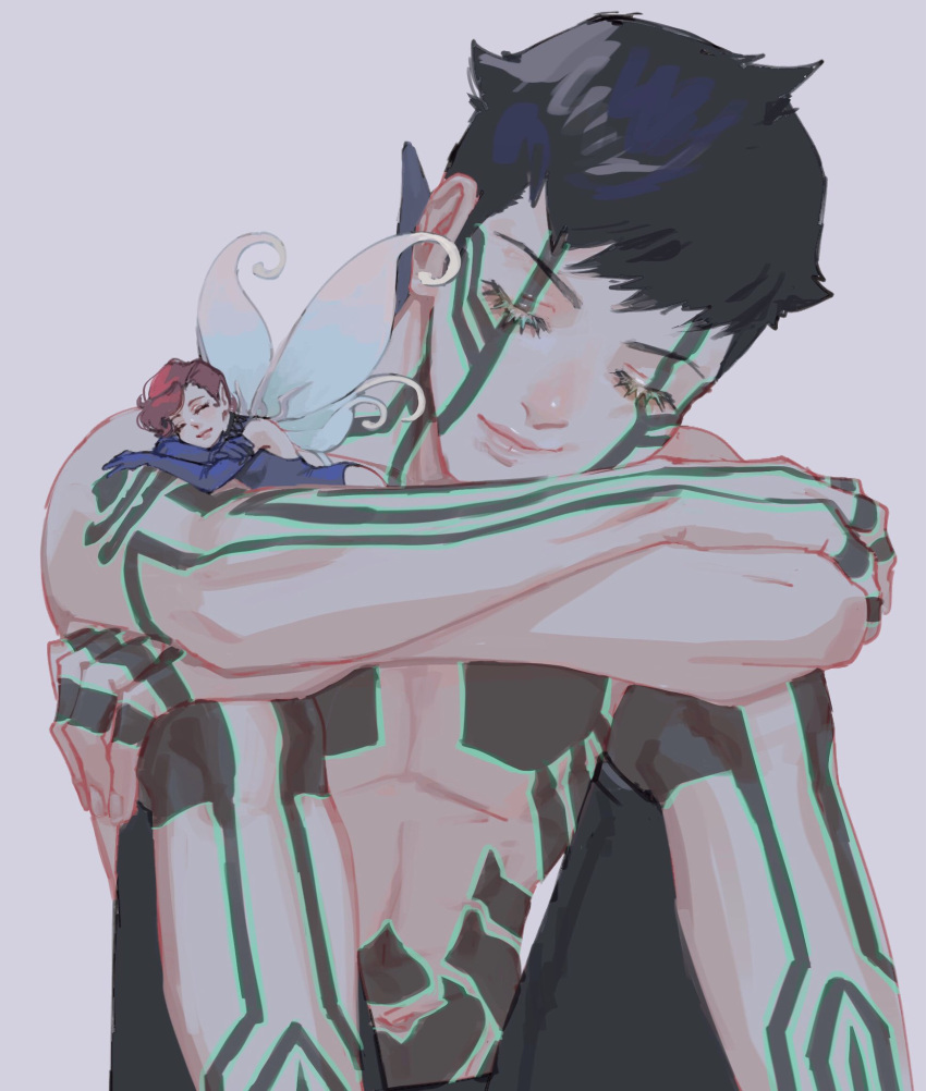 1boy, 1girl, bare_shoulders, black_hair, brown_hair, elbow_gloves, fairy, fairy_wings