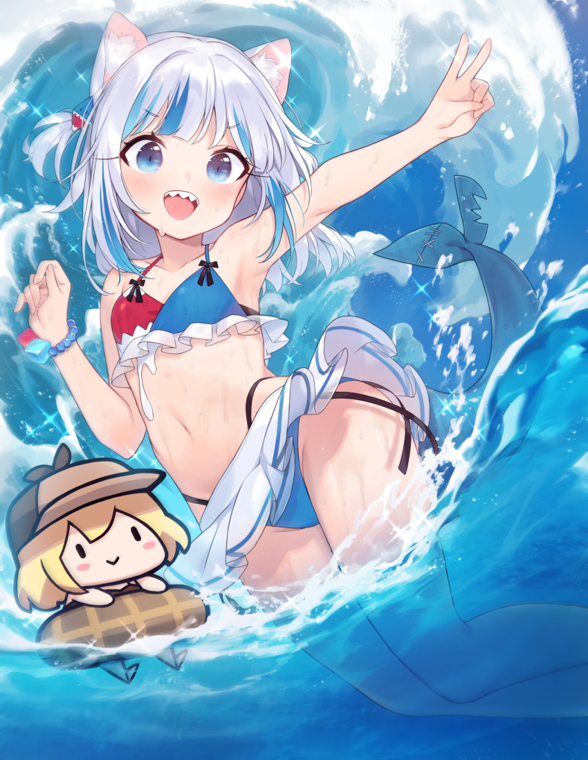 2girls, :d, animal_ear_fluff, animal_ears, arm_up, armpits, bangs, bikini