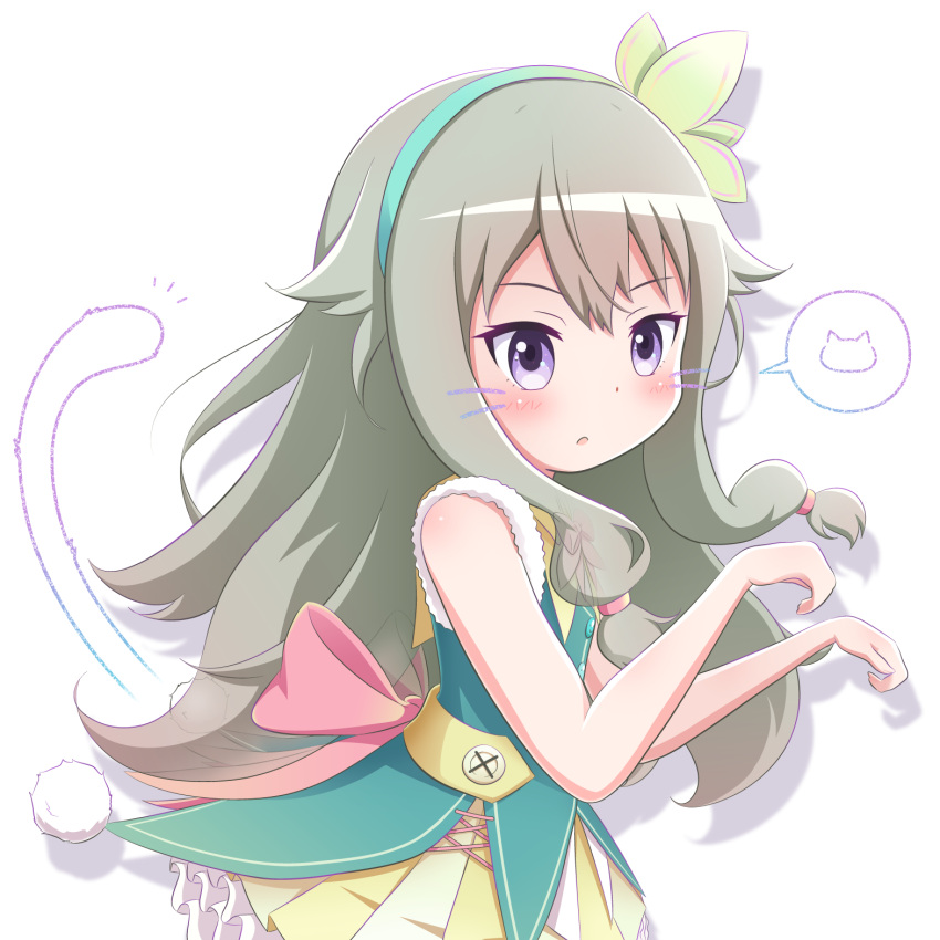 1girl, :o, bangs, bare_arms, bare_shoulders, blue_hairband, blush, commentary_request