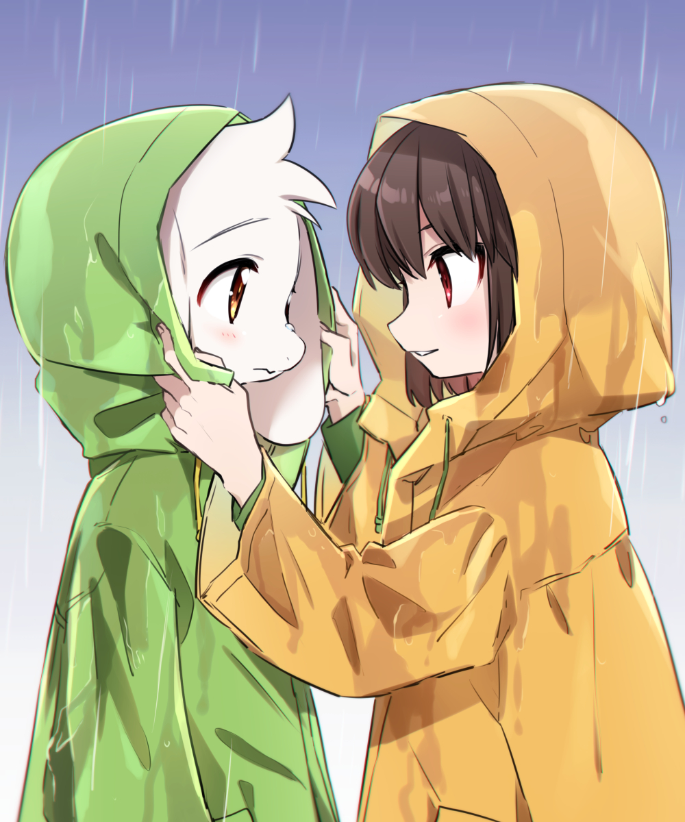 1boy, 1other, animal_ears, asriel_dreemurr, bangs, blush, bob_cut, brown_hair