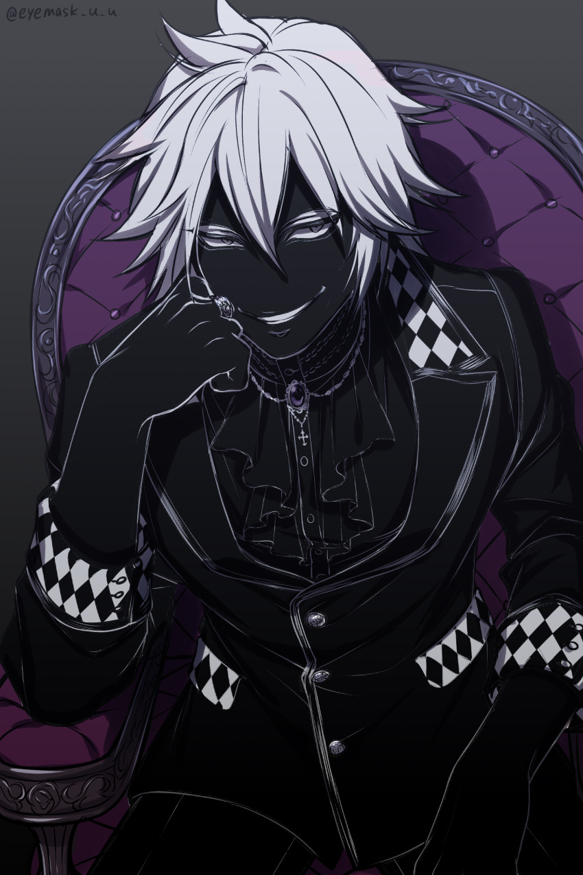 1boy, absurdres, bangs, black_jacket, black_pants, black_shirt, black_skin, boku_no_hero_academia, chair, colored_skin, commentary_request, eyemask_u_u, gradient, gradient_background, grey_background, grey_hair, grin, hair_between_eyes, highres, jacket, jewelry, kuroiro_shihai, long_sleeves, male_focus, messy_hair, necklace, no_nose, pants, shirt, short_hair, sitting, smile, solo, teeth, twitter_username, violet_eyes