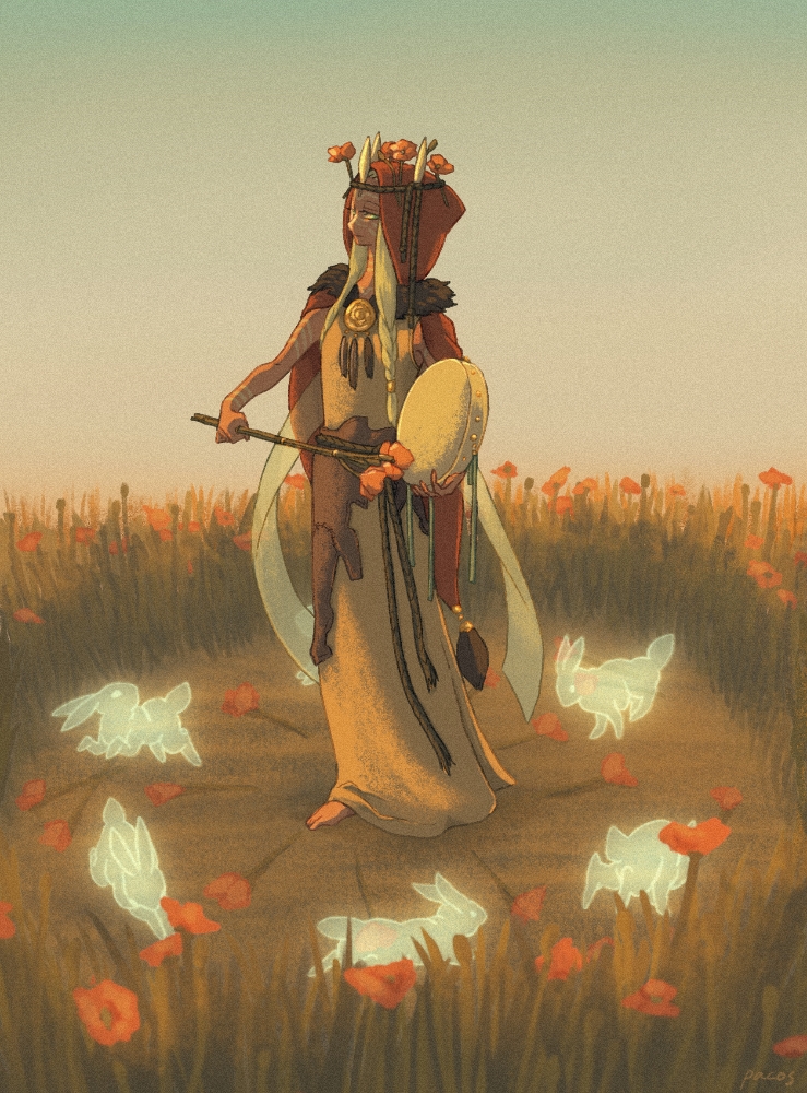 90n_pacos, artist_name, barefoot, braid, dark_skin, drum, flower, full_body