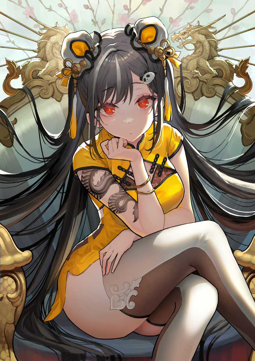 1girl, absurdres, black_hair, breasts, chair, china_dress, chinese_clothes, crossed_legs