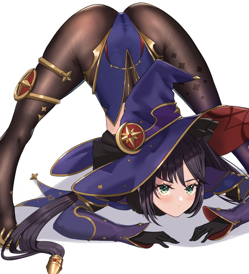 1girl, arm_support, ass, asymmetrical_bangs, bangs, black_gloves, black_hair, blush