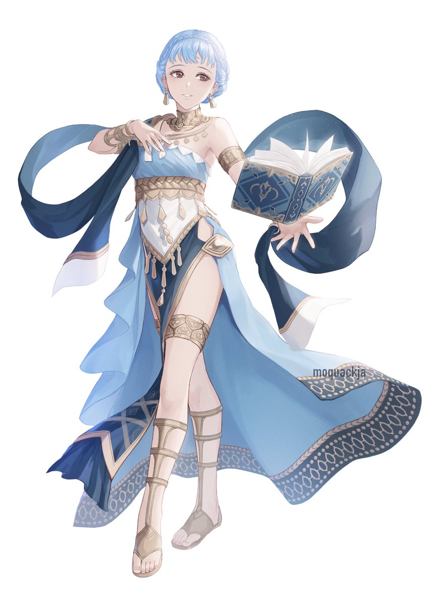 1girl, alternate_costume, anklet, armlet, armor, artist_name, blue_dress, blue_hair, book, bracelet, braid, brown_eyes, collar, commentary, commission, crown_braid, dancer, dancer_(three_houses), dress, earrings, english_commentary, fire_emblem, fire_emblem:_three_houses, fire_emblem_heroes, floating, floating_book, floating_object, full_body, gladiator_sandals, hand_on_own_chest, highres, jewelry, looking_away, marianne_von_edmund, moja_(moquackja), necklace, official_alternate_costume, parted_lips, sandals, shawl, short_hair, shoulder_armor, simple_background, single_bare_shoulder, sleeveless, sleeveless_dress, smile, solo, strapless, strapless_dress, teeth, thighs, toes, white_background