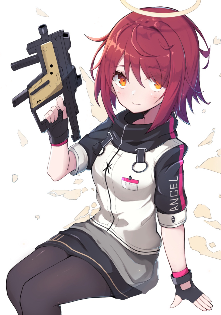 1girl, arknights, black_gloves, breasts, closed_mouth, commentary_request, detached_wings, exusiai_(arknights)