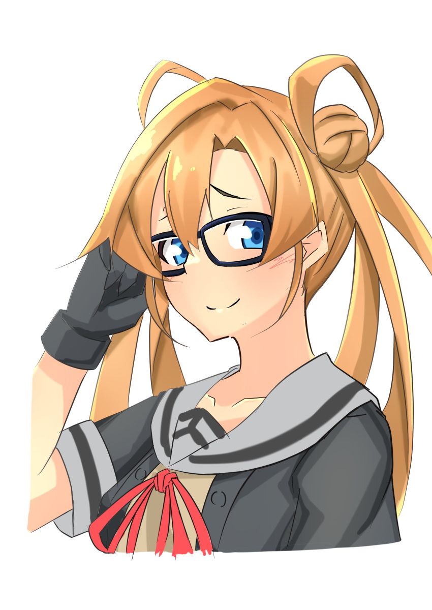 1girl, absurdres, abukuma_(kancolle), bespectacled, black-framed_eyewear, black_gloves, black_jacket, blonde_hair