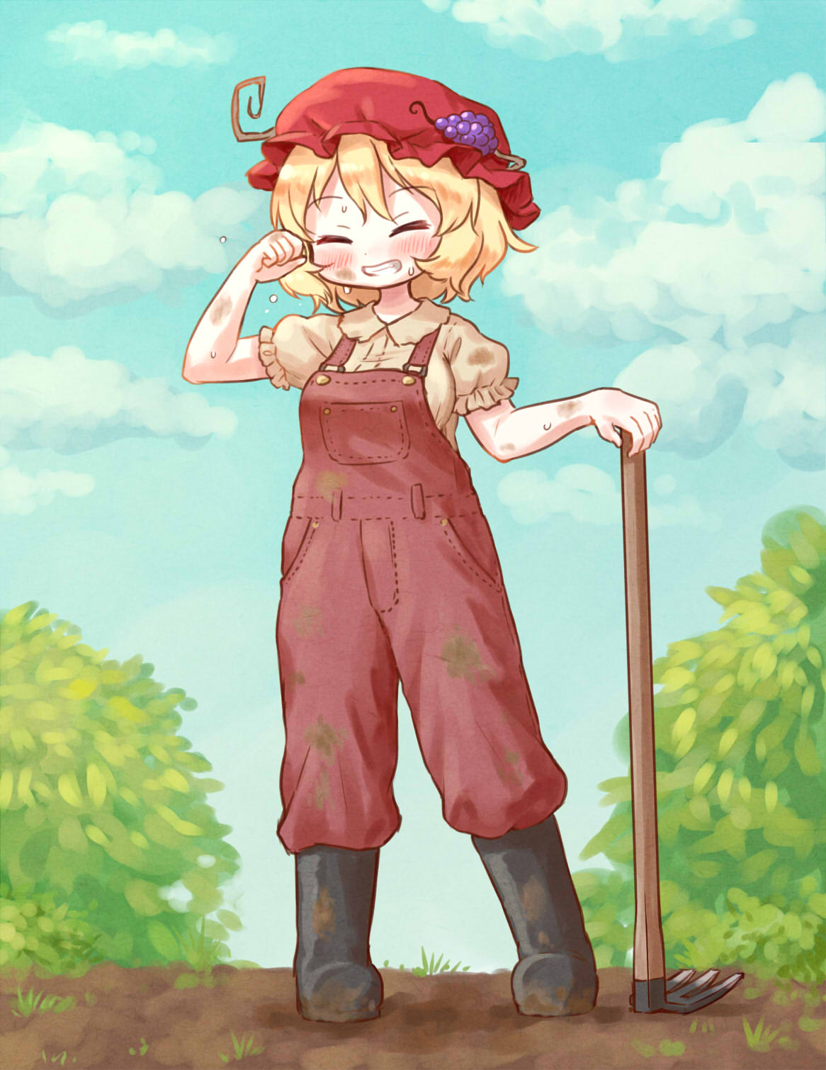 1girl, adapted_costume, aki_minoriko, arinu, bangs, black_footwear, blonde_hair, blue_sky