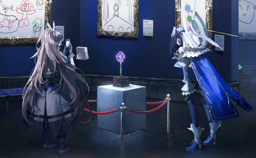 blue_hair, bow, bow_earrings, brown_hair, cellphone, ceres_fauna, detached_sleeves, drawing