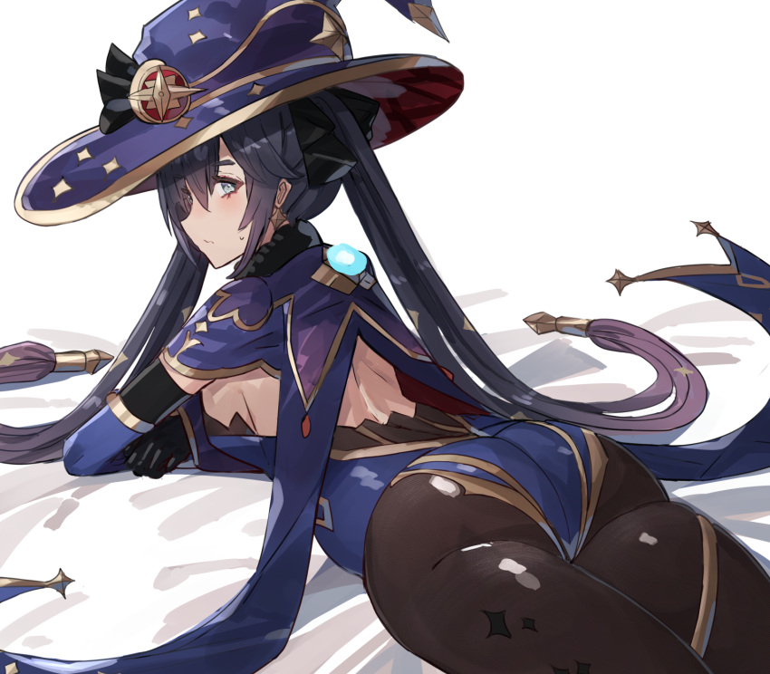 1girl, ass, black_hair, black_legwear, blue_eyes, breasts, closed_mouth, genshin_impact