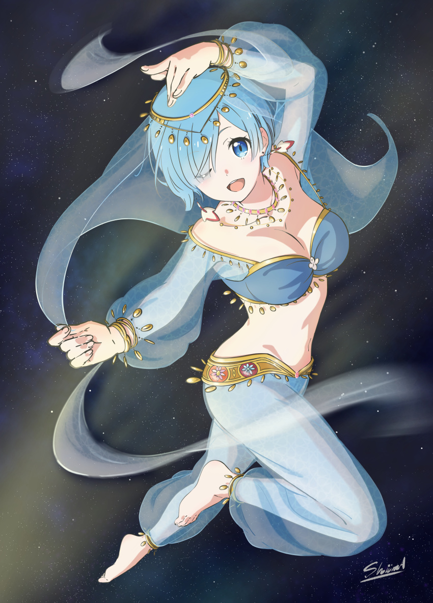 1girl, :d, absurdres, alternate_costume, anklet, arm_up, bare_shoulders, barefoot, blue_eyes, blue_hair, bracelet, circlet, collarbone, commentary_request, dancer, earrings, full_body, gold, hair_over_one_eye, harem_outfit, harem_pants, highres, jewelry, looking_at_viewer, navel, necklace, one_eye_closed, open_mouth, pants, re:zero_kara_hajimeru_isekai_seikatsu, rem_(re:zero), see-through, shawl, sheer_clothes, shiima, signature, smile, solo, upper_teeth