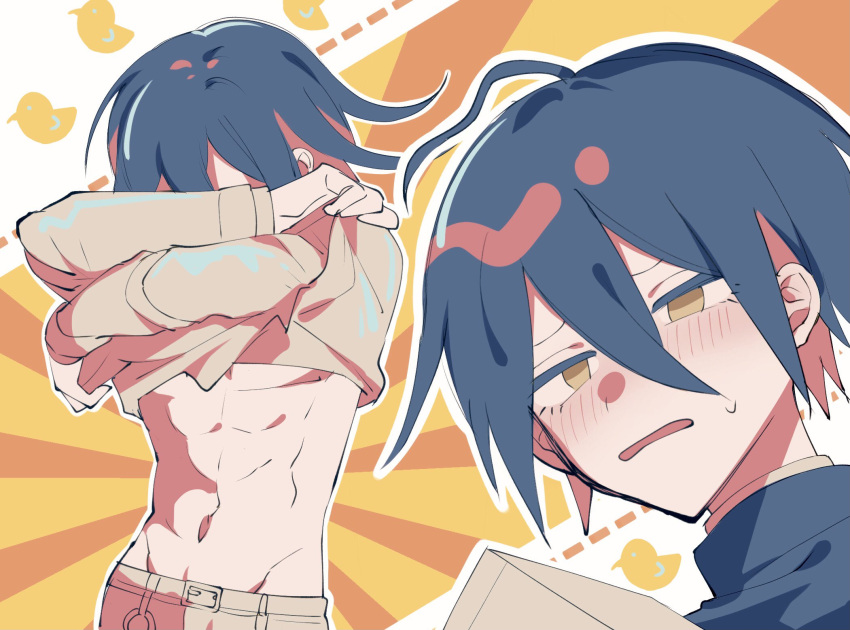 2boys, abs, alternate_hair_color, animal_print, bangs, bird_print, blush, brown_shirt