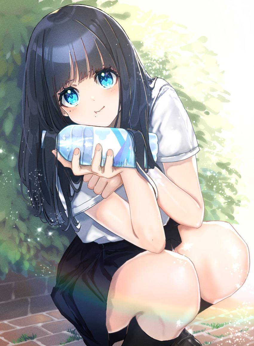 1girl, :t, bare_arms, black_hair, black_legwear, black_skirt, blue_eyes, bottle